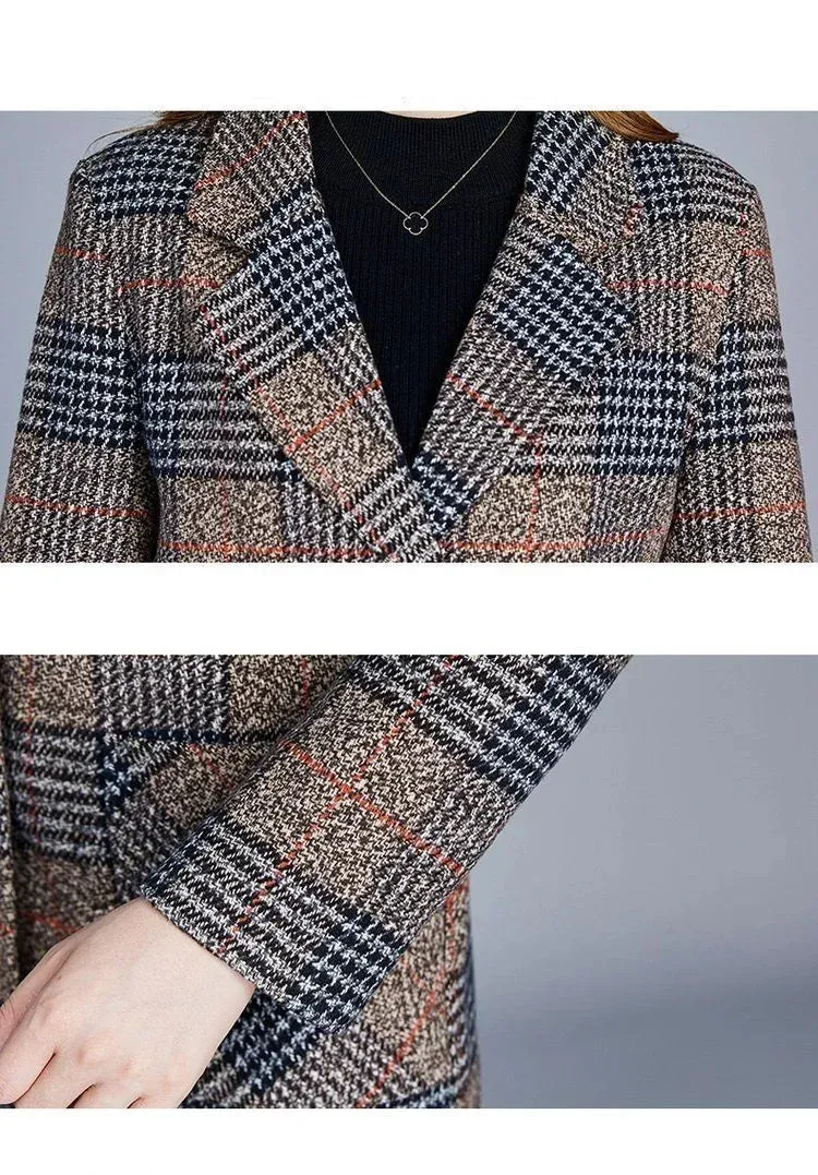 Mother's Clothing Plaid Woolen Jacket – 5XL Autumn/Winter Thicken Slim Mid-Length Coat, Korean Style Casual Women's Wool Outerwear