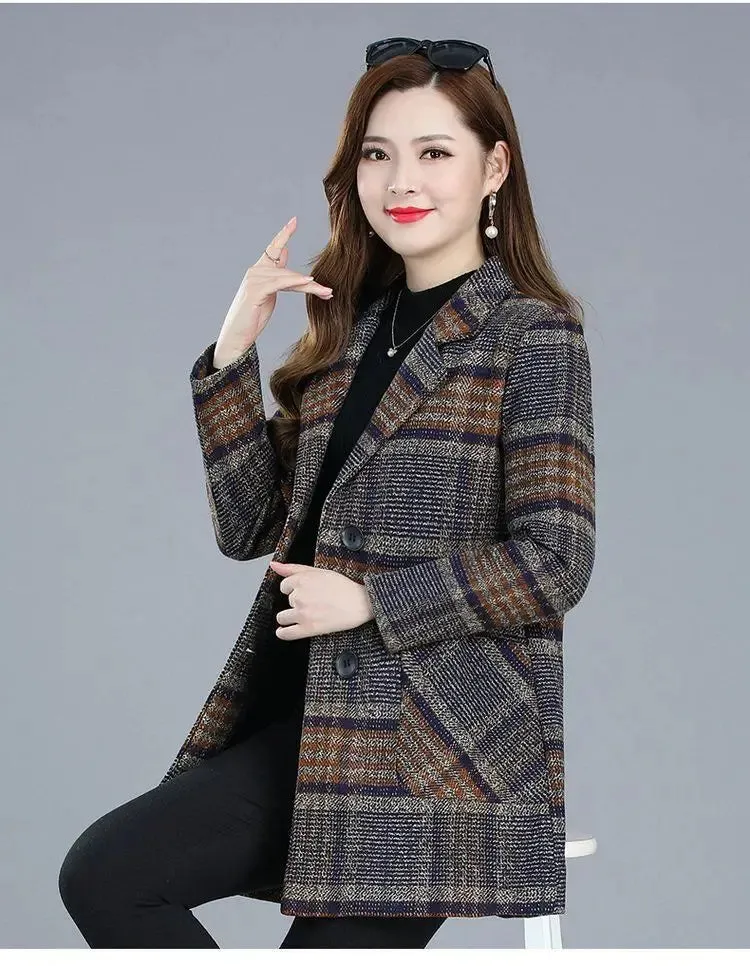 Mother's Clothing Plaid Woolen Jacket – 5XL Autumn/Winter Thicken Slim Mid-Length Coat, Korean Style Casual Women's Wool Outerwear