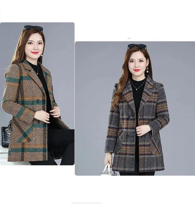 Mother's Clothing Plaid Woolen Jacket – 5XL Autumn/Winter Thicken Slim Mid-Length Coat, Korean Style Casual Women's Wool Outerwear