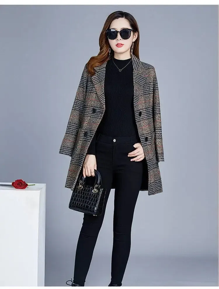 Mother's Clothing Plaid Woolen Jacket – 5XL Autumn/Winter Thicken Slim Mid-Length Coat, Korean Style Casual Women's Wool Outerwear
