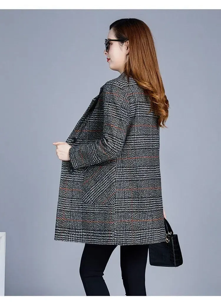 Mother's Clothing Plaid Woolen Jacket – 5XL Autumn/Winter Thicken Slim Mid-Length Coat, Korean Style Casual Women's Wool Outerwear