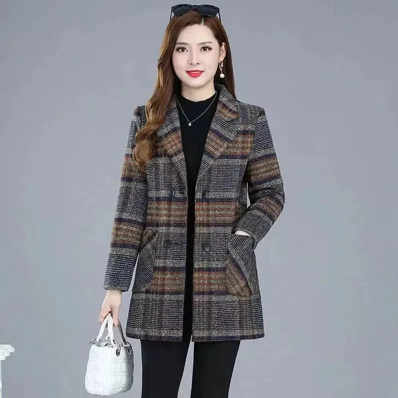 Mother's Clothing Plaid Woolen Jacket – 5XL Autumn/Winter Thicken Slim Mid-Length Coat, Korean Style Casual Women's Wool Outerwear
