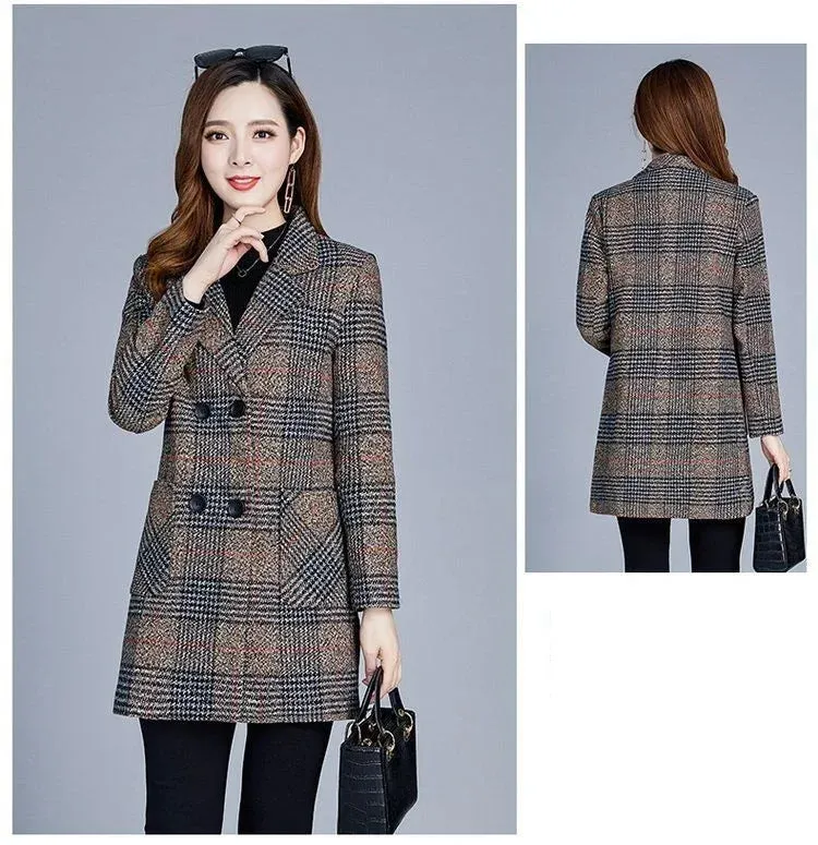 Mother's Clothing Plaid Woolen Jacket – 5XL Autumn/Winter Thicken Slim Mid-Length Coat, Korean Style Casual Women's Wool Outerwear