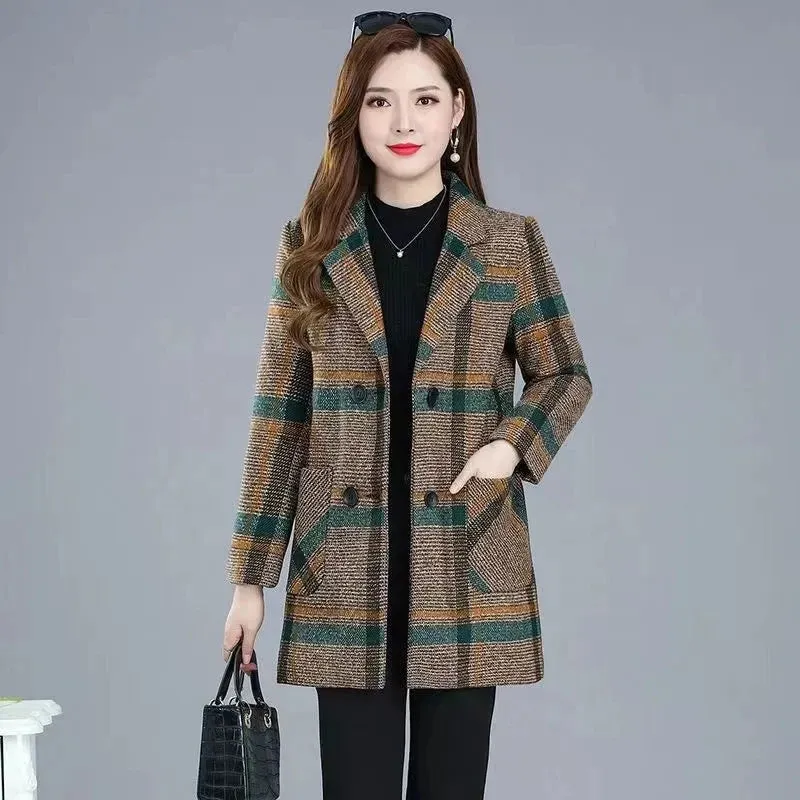 Mother's Clothing Plaid Woolen Jacket – 5XL Autumn/Winter Thicken Slim Mid-Length Coat, Korean Style Casual Women's Wool Outerwear