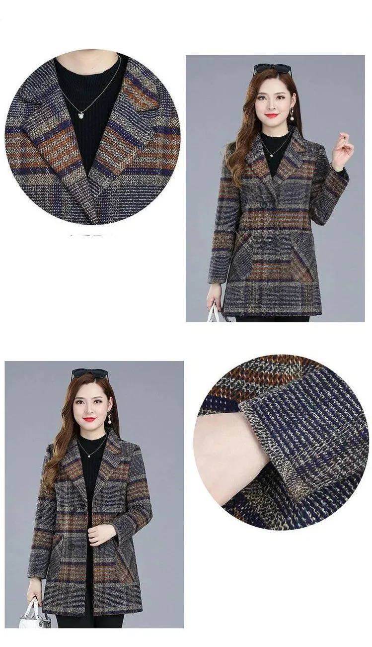 Mother's Clothing Plaid Woolen Jacket – 5XL Autumn/Winter Thicken Slim Mid-Length Coat, Korean Style Casual Women's Wool Outerwear