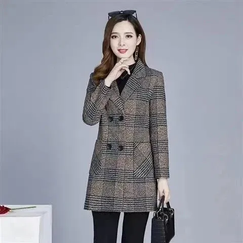 Mother's Clothing Plaid Woolen Jacket – 5XL Autumn/Winter Thicken Slim Mid-Length Coat, Korean Style Casual Women's Wool Outerwear