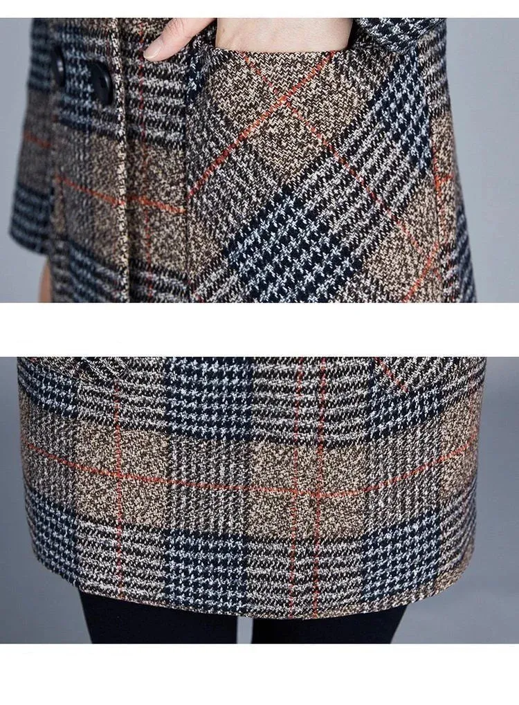 Mother's Clothing Plaid Woolen Jacket – 5XL Autumn/Winter Thicken Slim Mid-Length Coat, Korean Style Casual Women's Wool Outerwear