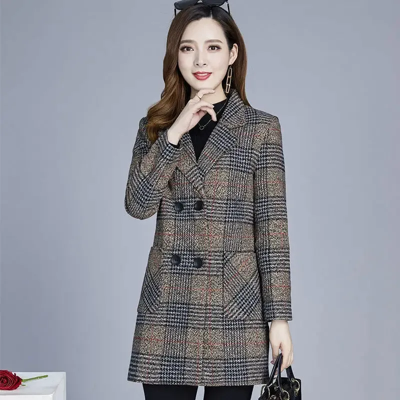 Mother's Clothing Plaid Woolen Jacket – 5XL Autumn/Winter Thicken Slim Mid-Length Coat, Korean Style Casual Women's Wool Outerwear