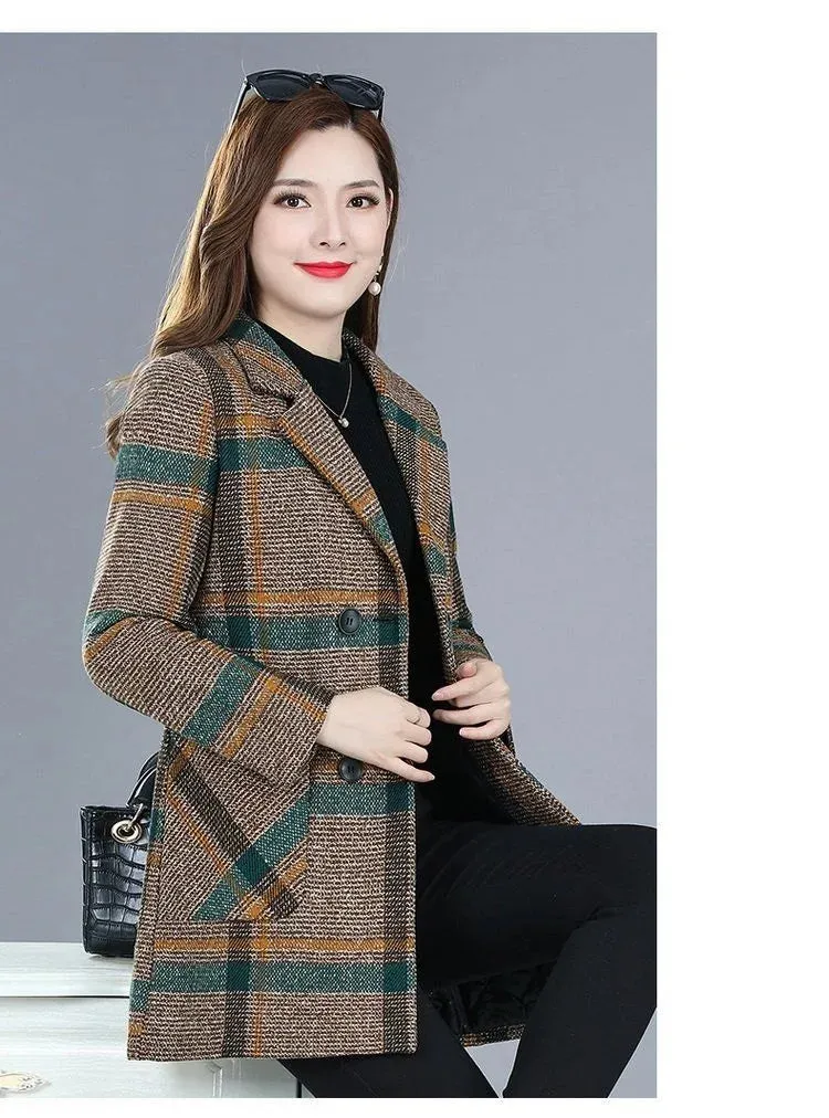 Mother's Clothing Plaid Woolen Jacket – 5XL Autumn/Winter Thicken Slim Mid-Length Coat, Korean Style Casual Women's Wool Outerwear