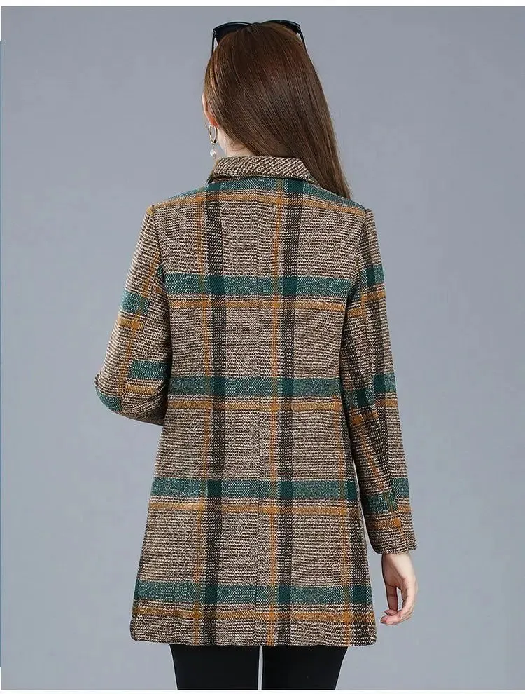 Mother's Clothing Plaid Woolen Jacket – 5XL Autumn/Winter Thicken Slim Mid-Length Coat, Korean Style Casual Women's Wool Outerwear