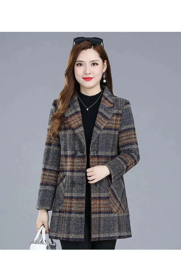 Mother's Clothing Plaid Woolen Jacket – 5XL Autumn/Winter Thicken Slim Mid-Length Coat, Korean Style Casual Women's Wool Outerwear