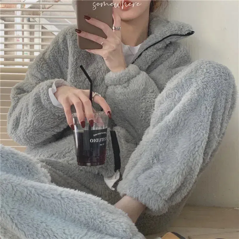 Pajama Set Women Sweet Turtleneck Sleepwear Solid Students Homewear Cozy All-match Winter Thicken Warm Female Casual Korean Chic