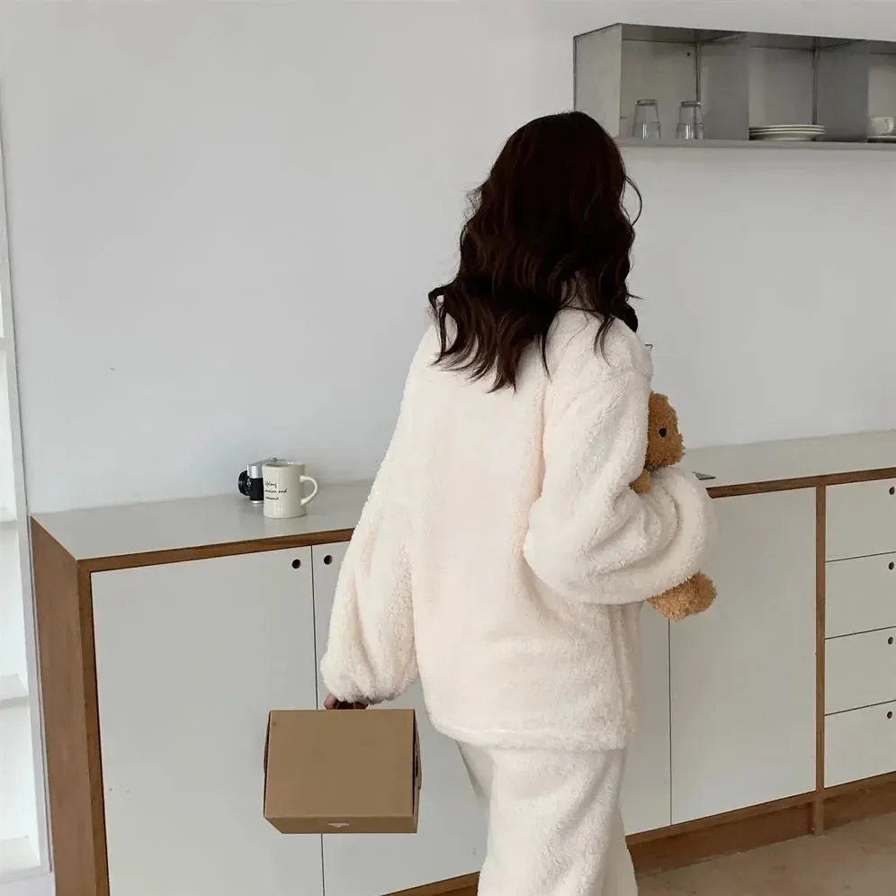 Pajama Set Women Sweet Turtleneck Sleepwear Solid Students Homewear Cozy All-match Winter Thicken Warm Female Casual Korean Chic