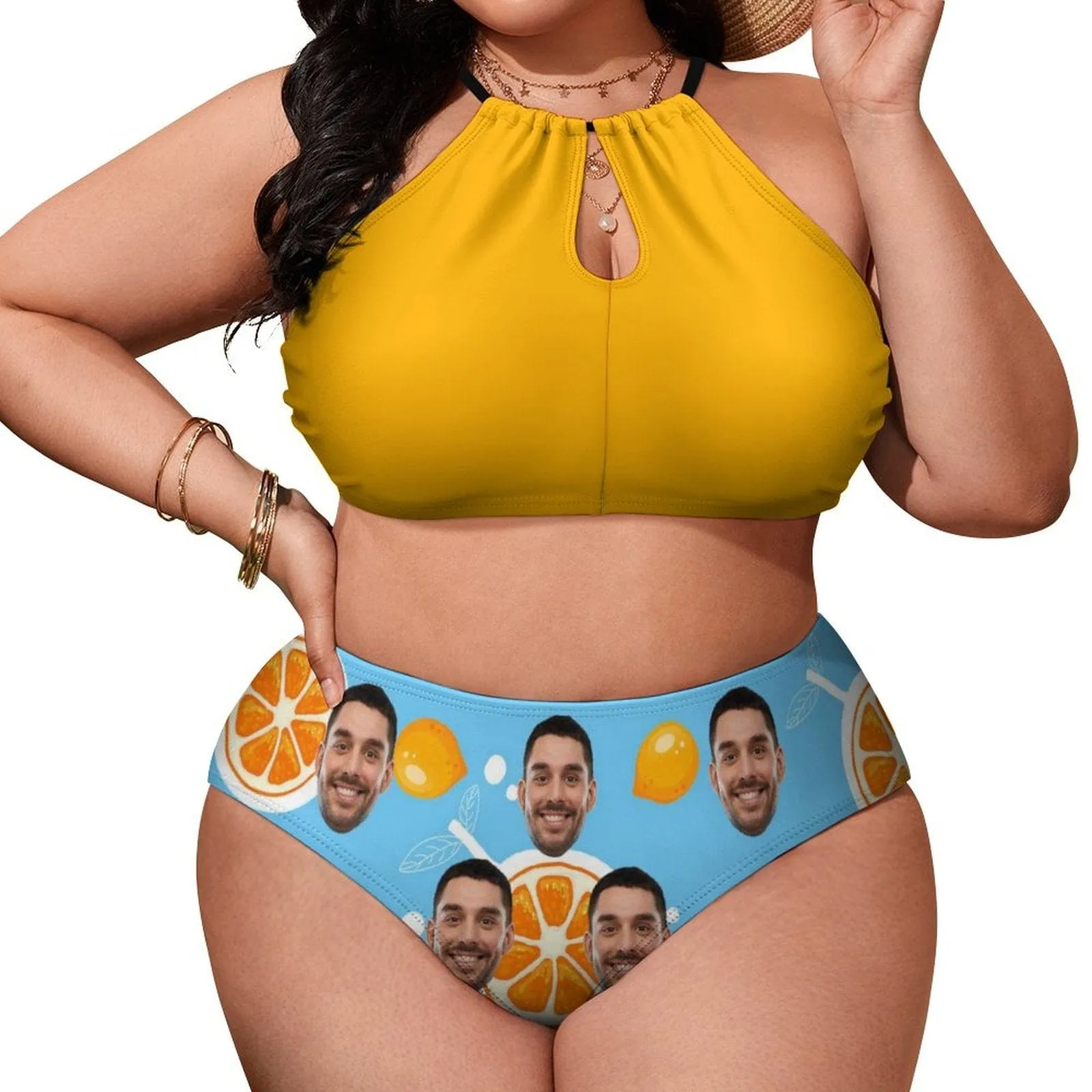 #Plus Size Halter Bikini-Custom Face Pineapple Plus Size Swimsuit High Neck Cutout High Waisted Bikini Personalized Women's Two Piece Swimsuit Beach Outfits