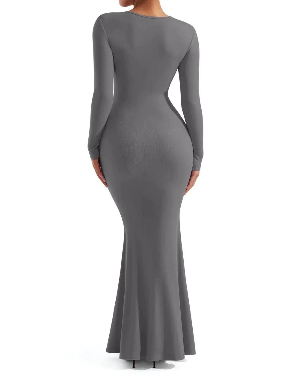 Ribbed Maxi Square Neck Dress - Long Sleeve
