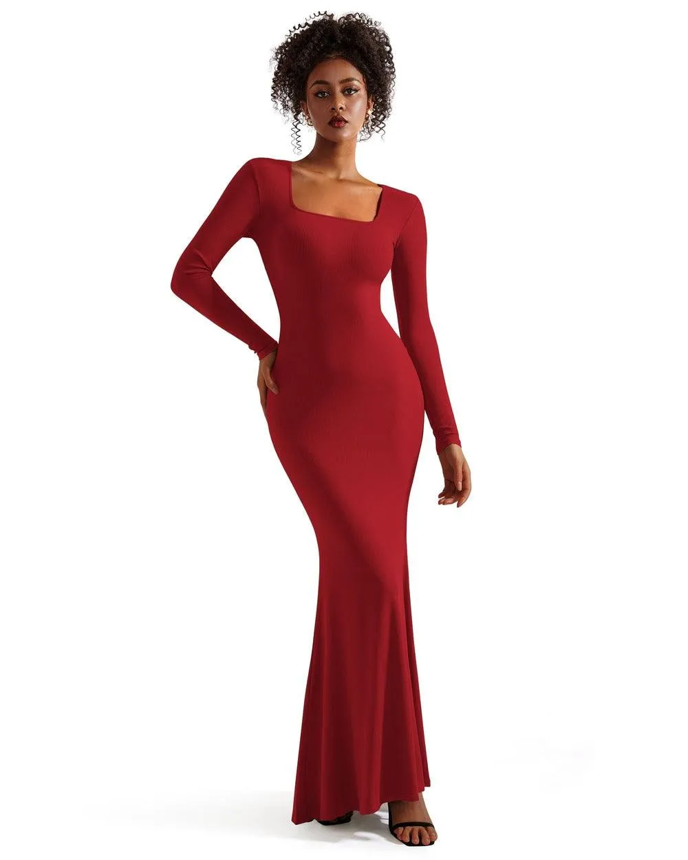 Ribbed Maxi Square Neck Dress - Long Sleeve