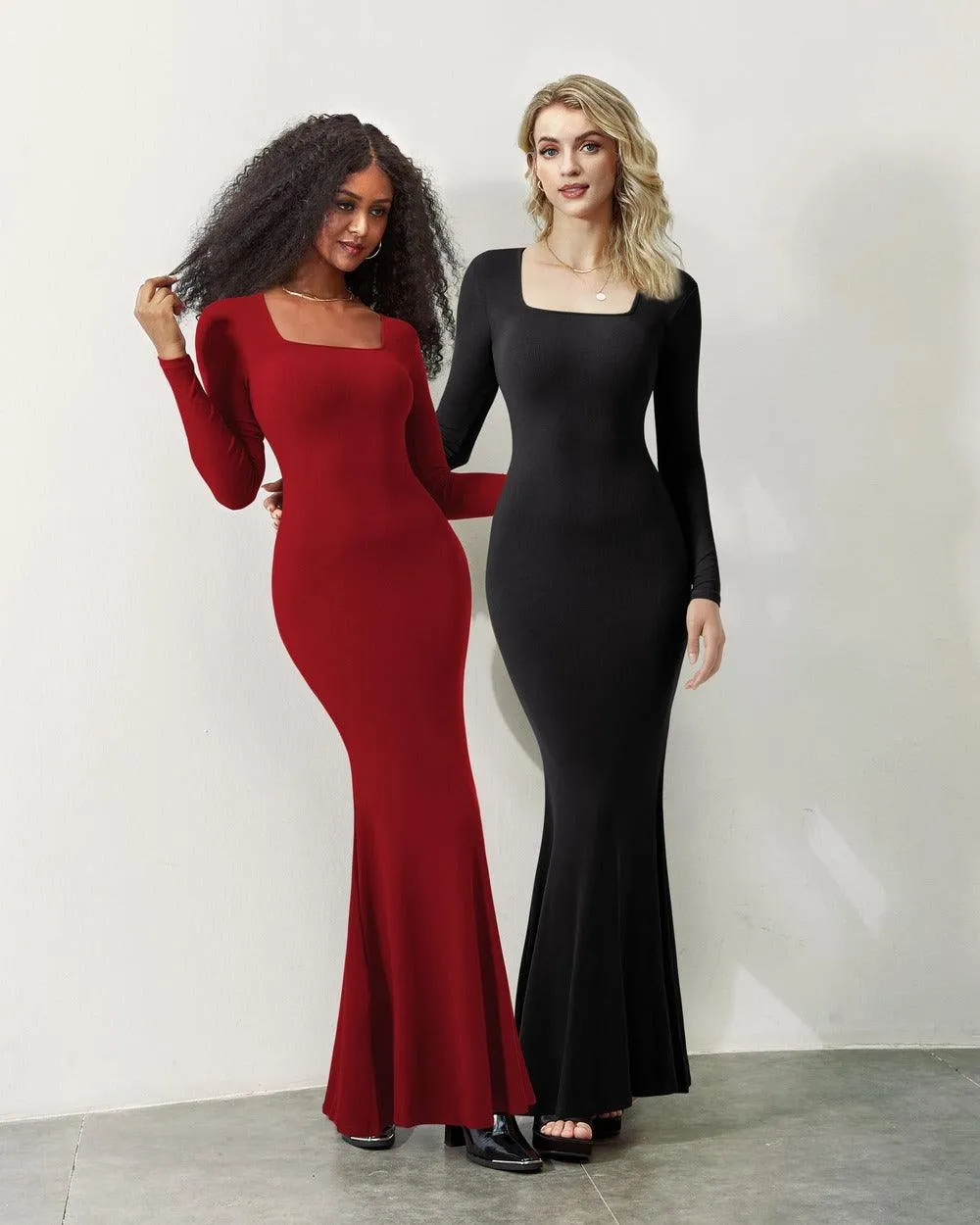 Ribbed Maxi Square Neck Dress - Long Sleeve