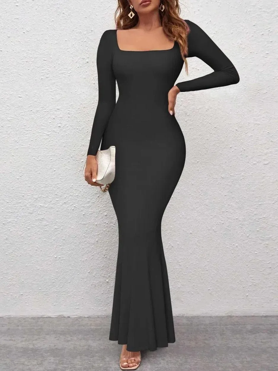 Ribbed Maxi Square Neck Dress - Long Sleeve