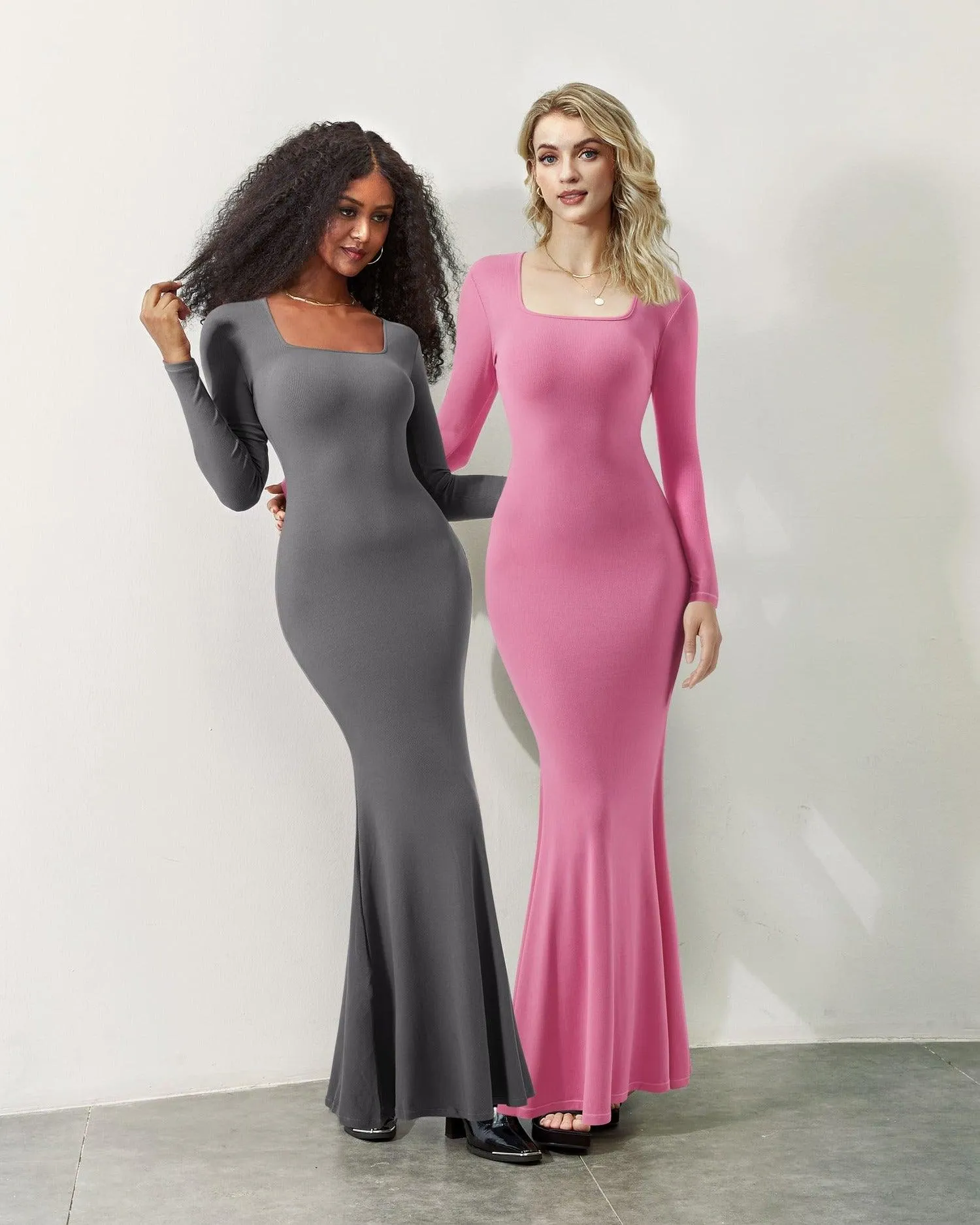 Ribbed Maxi Square Neck Dress - Long Sleeve