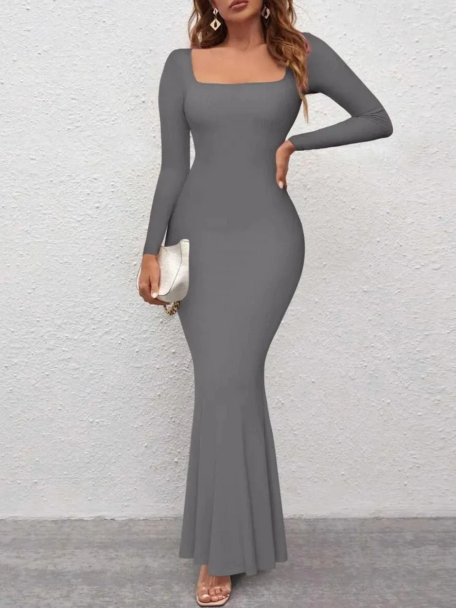 Ribbed Maxi Square Neck Dress - Long Sleeve