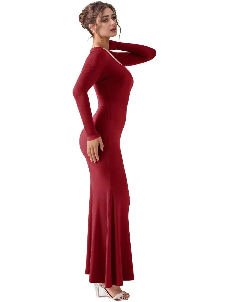 Ribbed Maxi Square Neck Dress - Long Sleeve