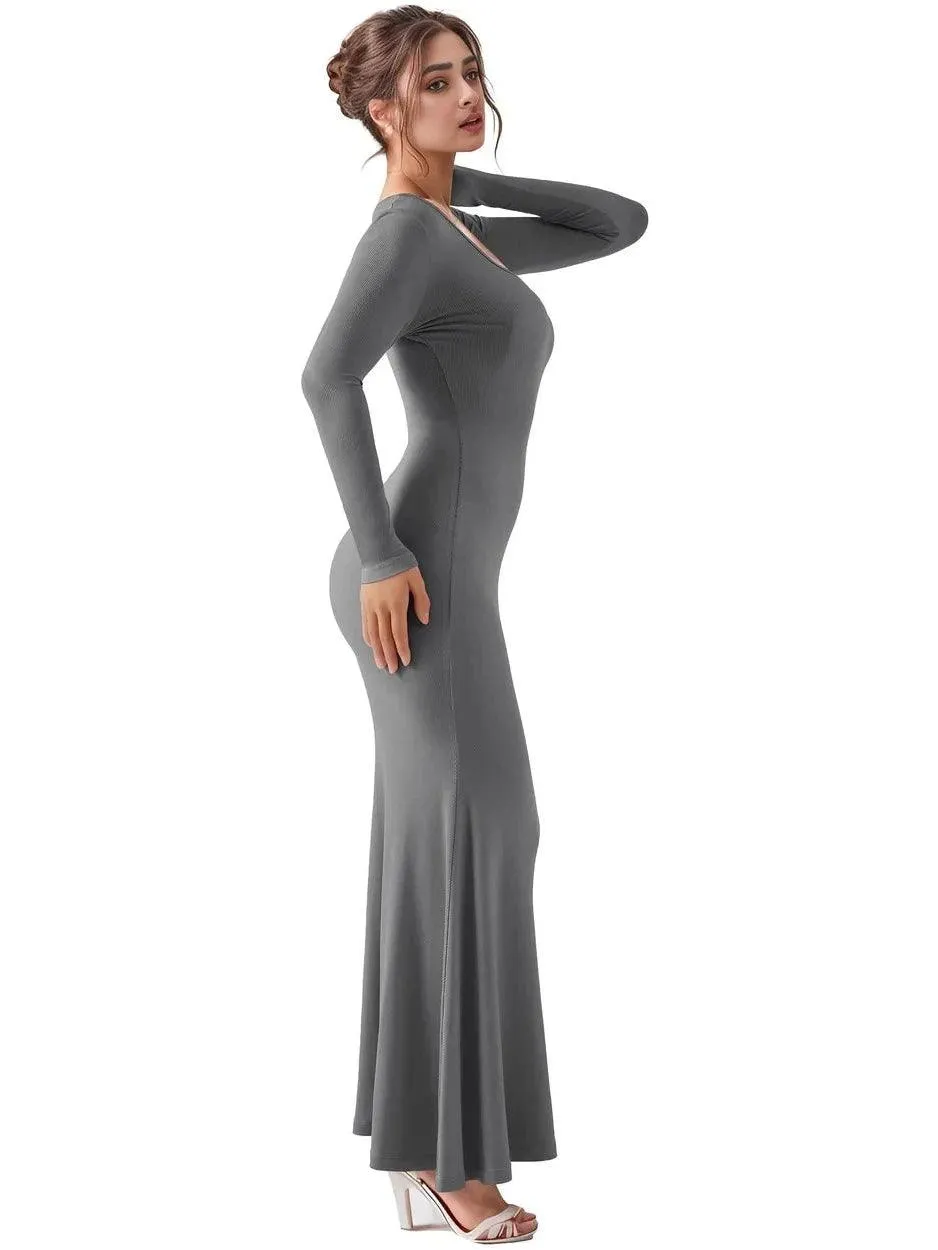Ribbed Maxi Square Neck Dress - Long Sleeve