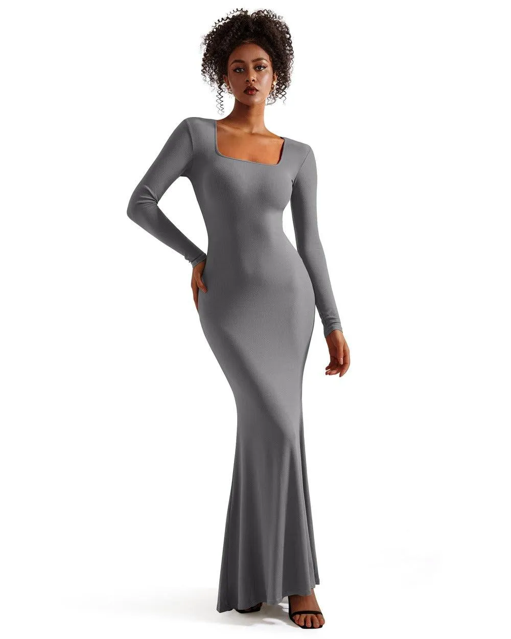 Ribbed Maxi Square Neck Dress - Long Sleeve
