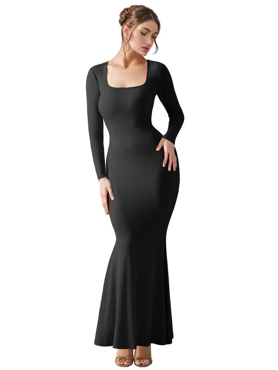 Ribbed Maxi Square Neck Dress - Long Sleeve