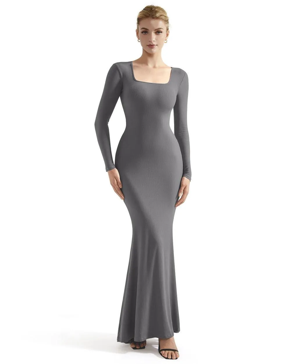 Ribbed Maxi Square Neck Dress - Long Sleeve