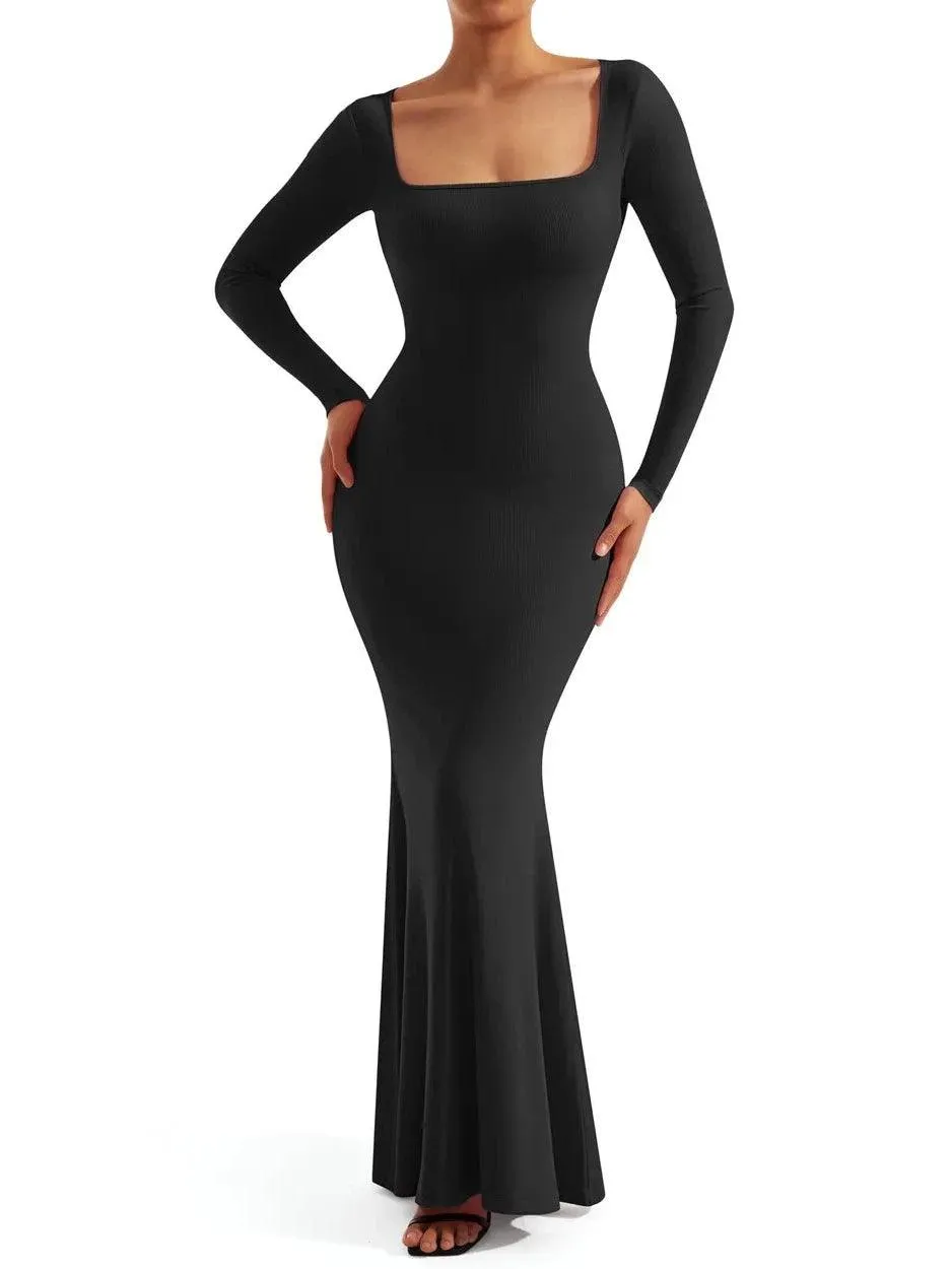 Ribbed Maxi Square Neck Dress - Long Sleeve