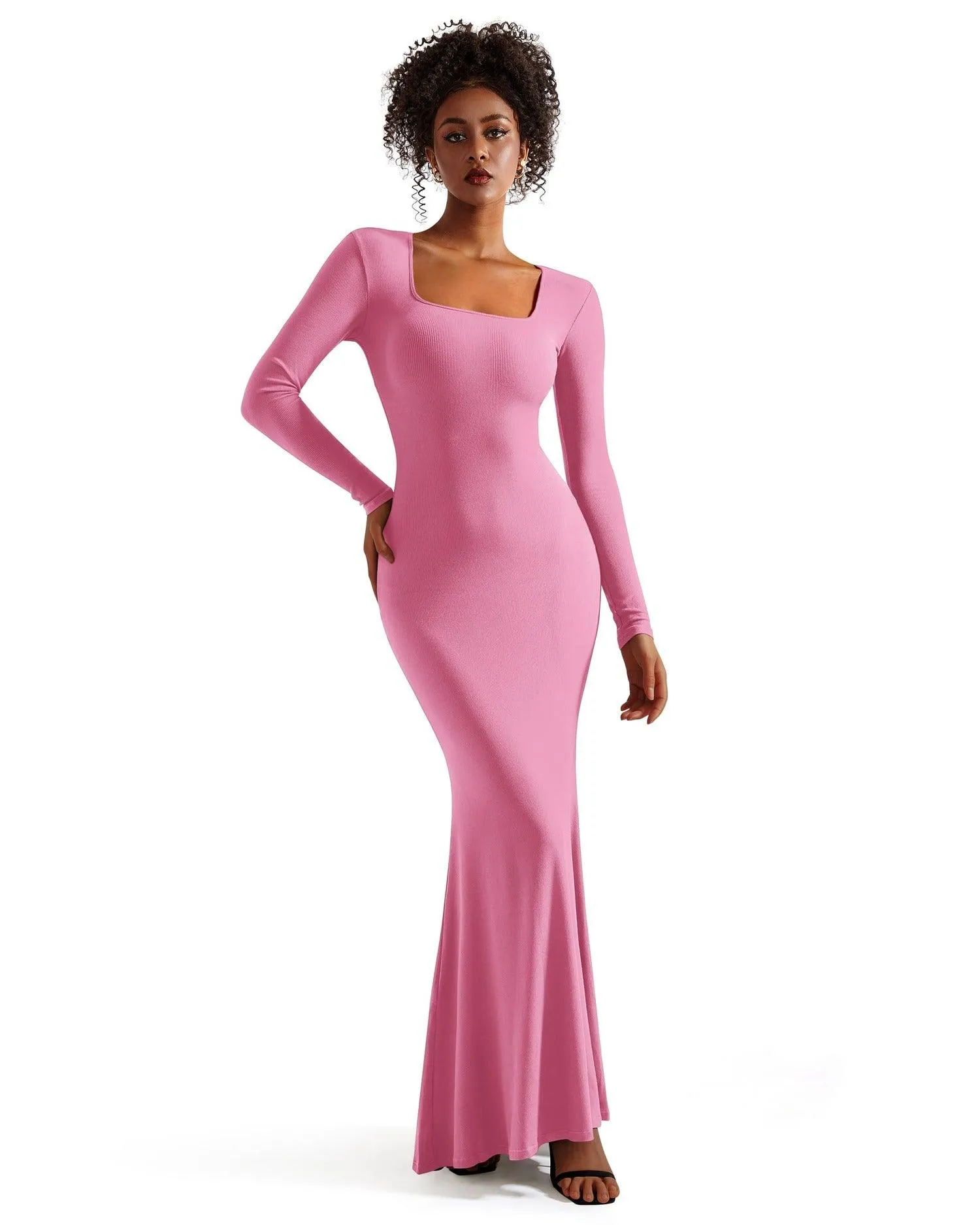 Ribbed Maxi Square Neck Dress - Long Sleeve