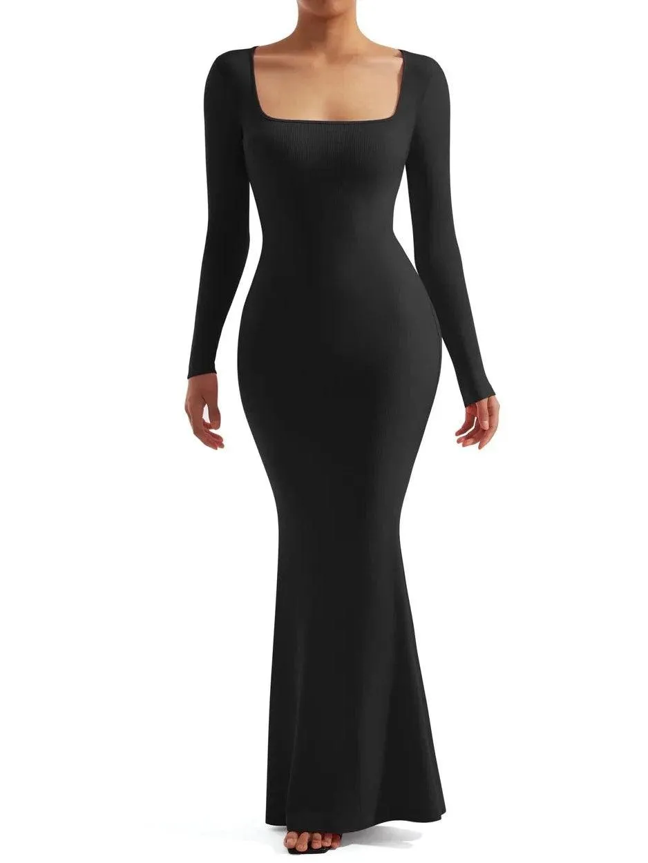 Ribbed Maxi Square Neck Dress - Long Sleeve