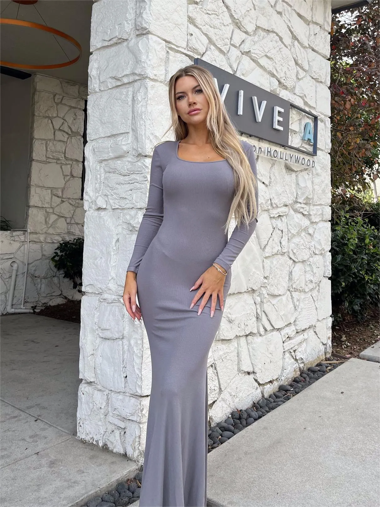 Ribbed Maxi Square Neck Dress - Long Sleeve
