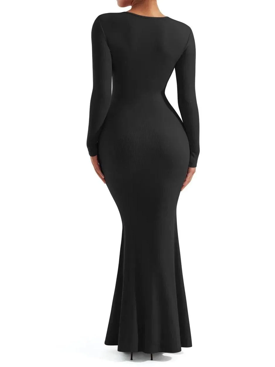 Ribbed Maxi Square Neck Dress - Long Sleeve