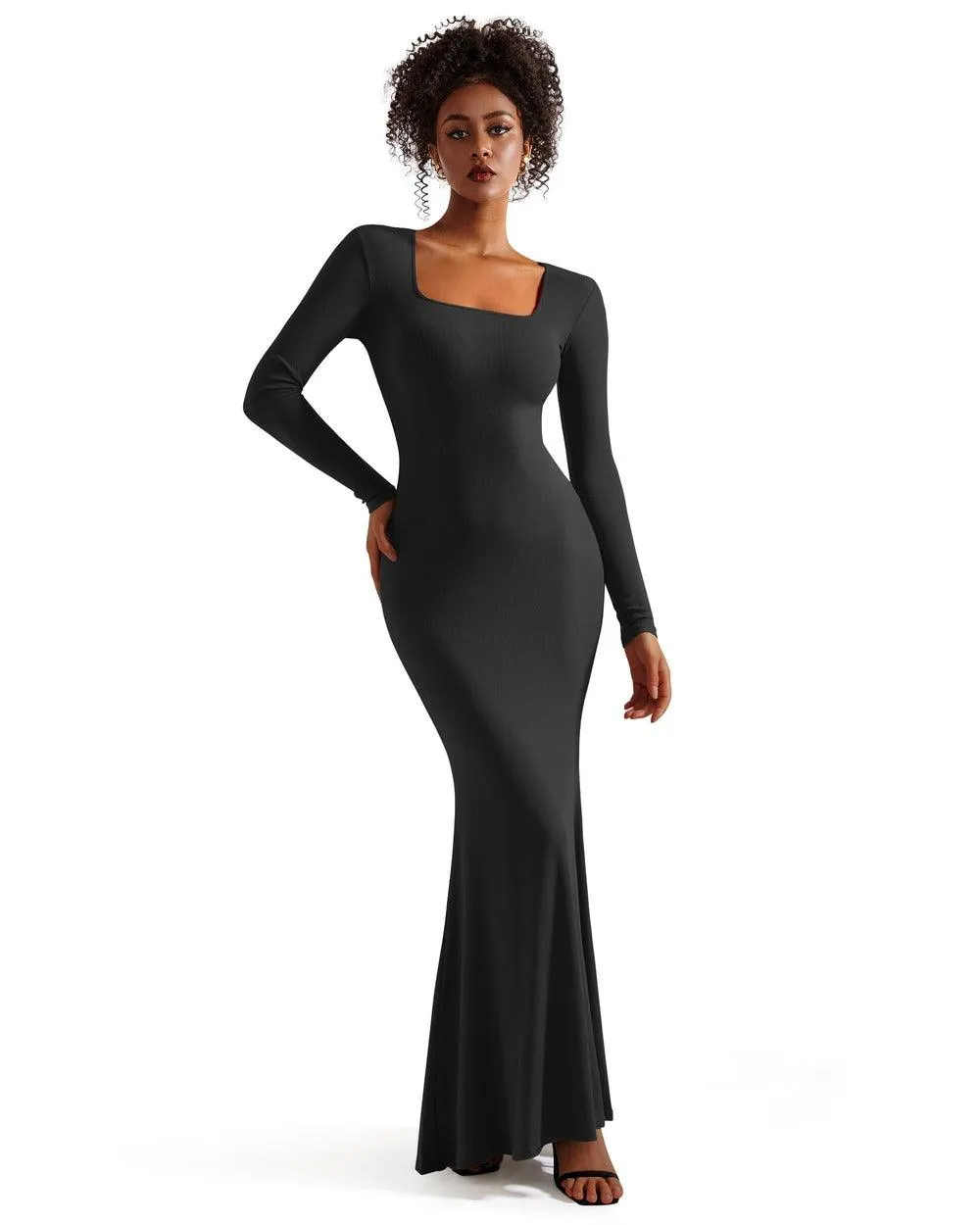 Ribbed Maxi Square Neck Dress - Long Sleeve