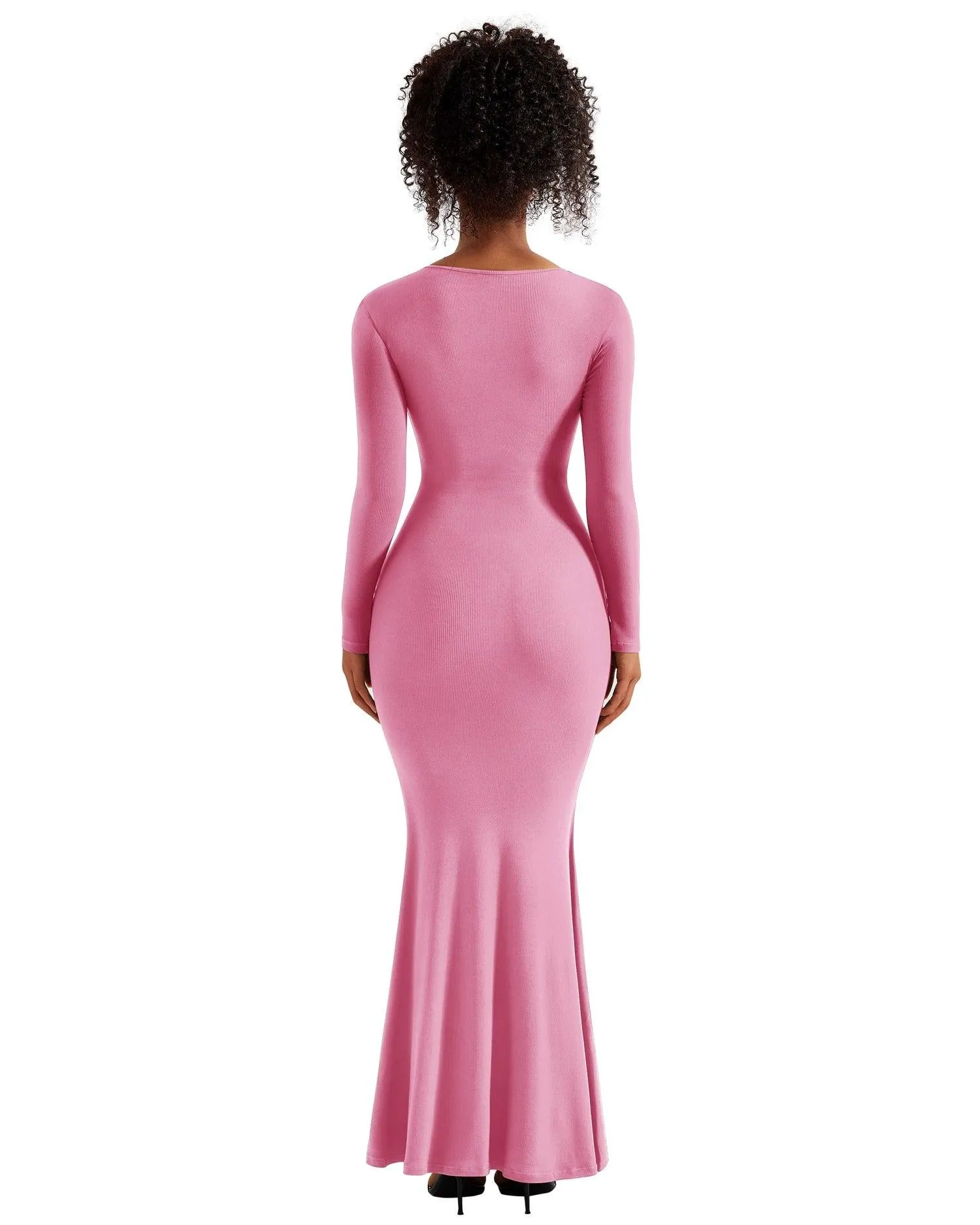 Ribbed Maxi Square Neck Dress - Long Sleeve