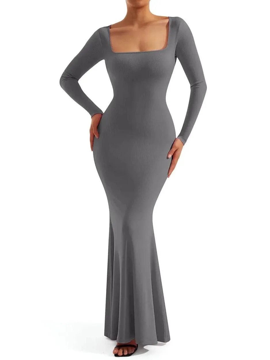 Ribbed Maxi Square Neck Dress - Long Sleeve