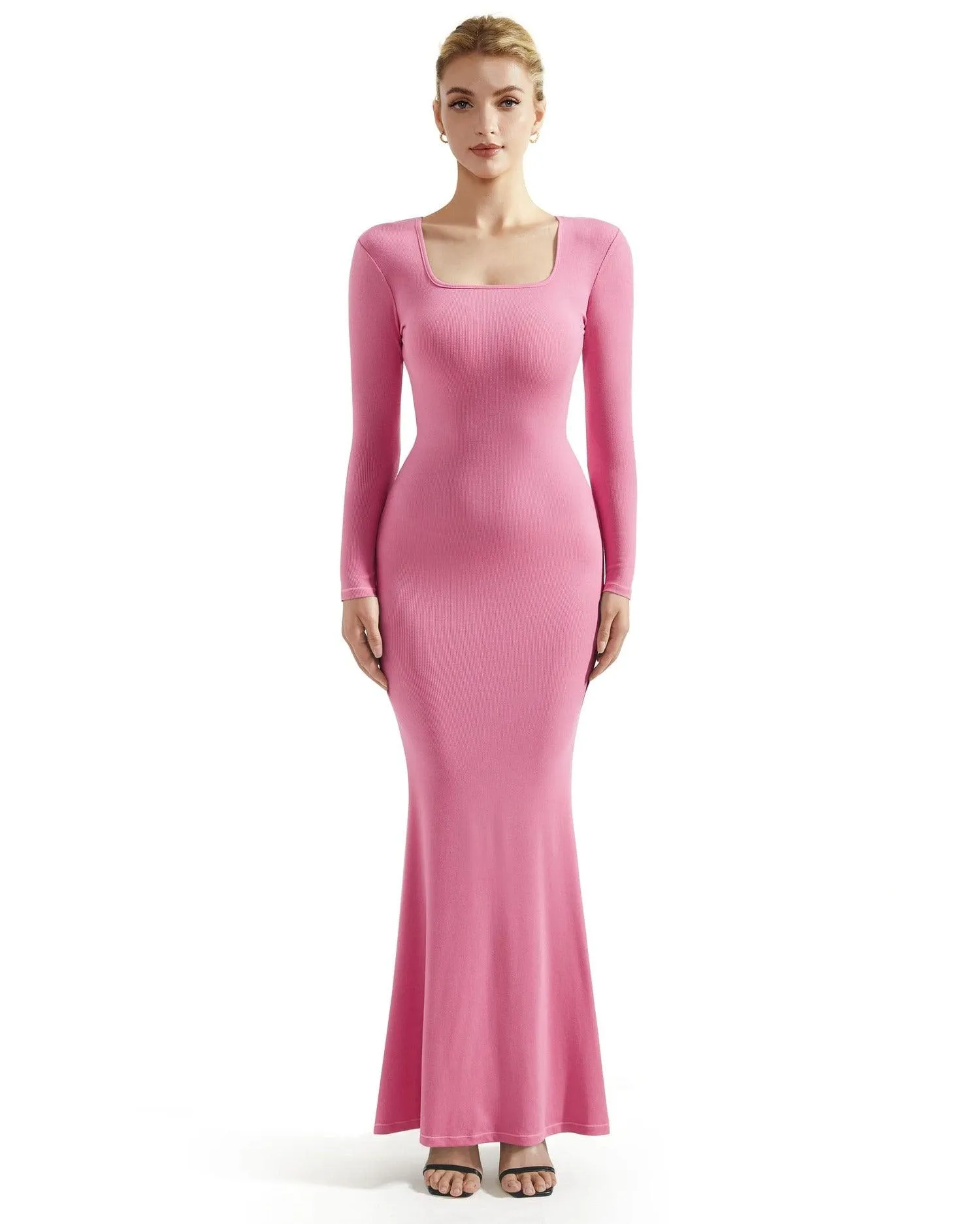 Ribbed Maxi Square Neck Dress - Long Sleeve