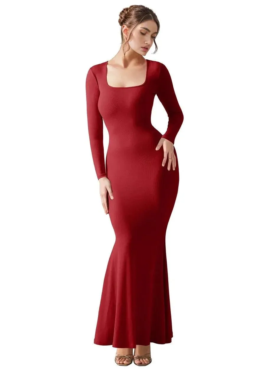 Ribbed Maxi Square Neck Dress - Long Sleeve