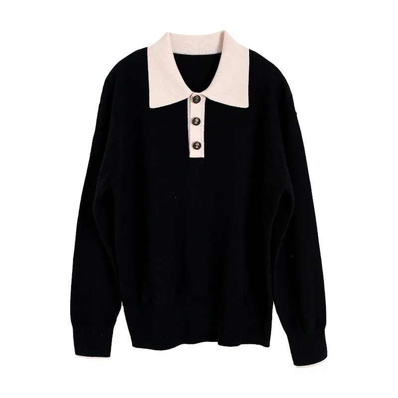 Selena Polo Contrast Collar 100% Wool Black Knit Sweater