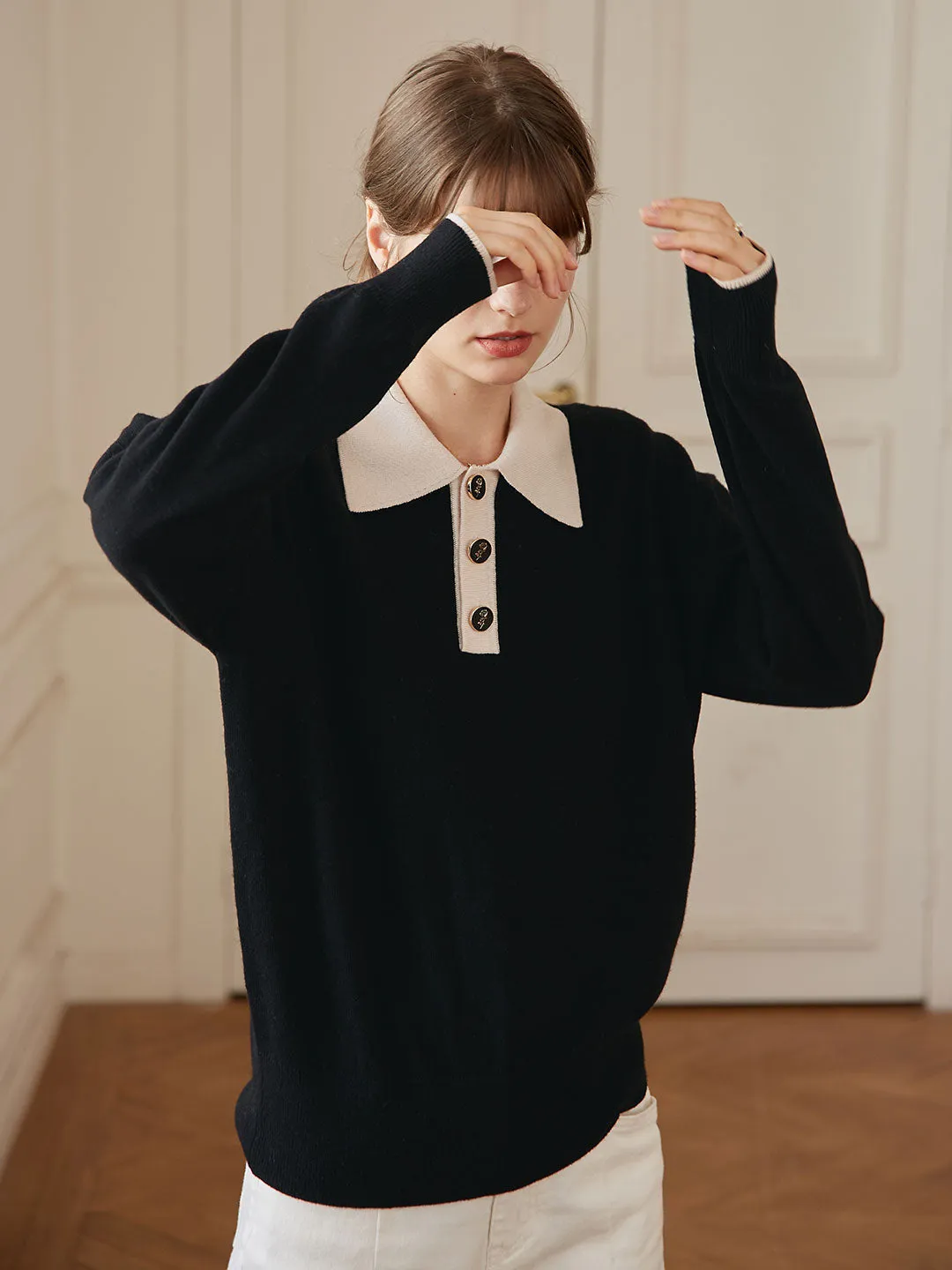 Selena Polo Contrast Collar 100% Wool Black Knit Sweater