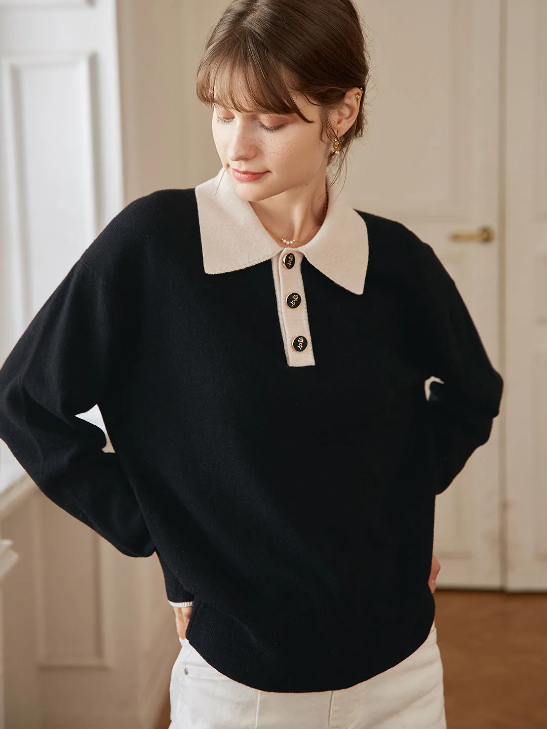 Selena Polo Contrast Collar 100% Wool Black Knit Sweater