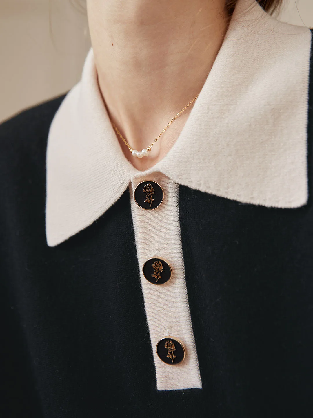 Selena Polo Contrast Collar 100% Wool Black Knit Sweater