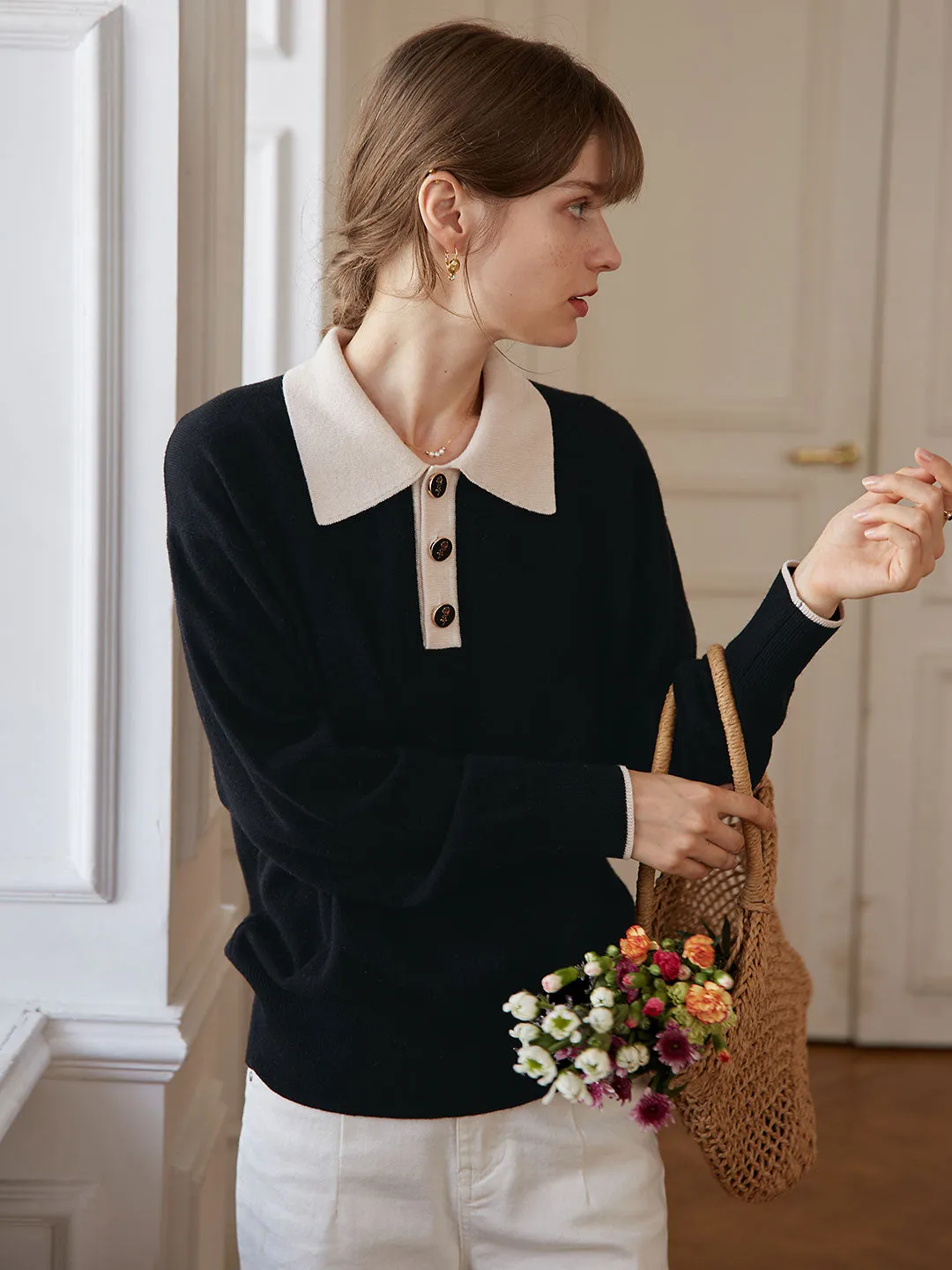 Selena Polo Contrast Collar 100% Wool Black Knit Sweater