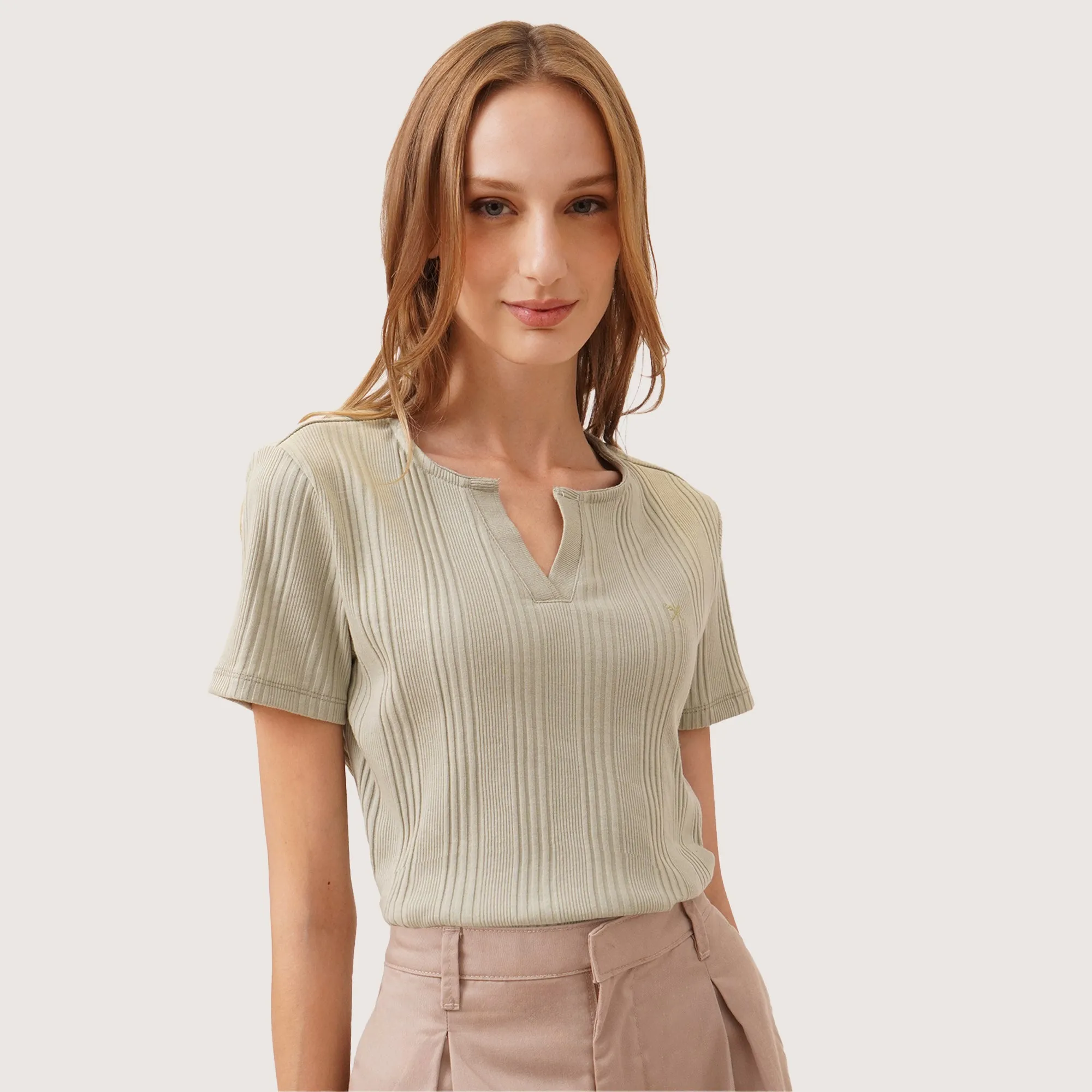 Split Neck Ribbed T-Shirt