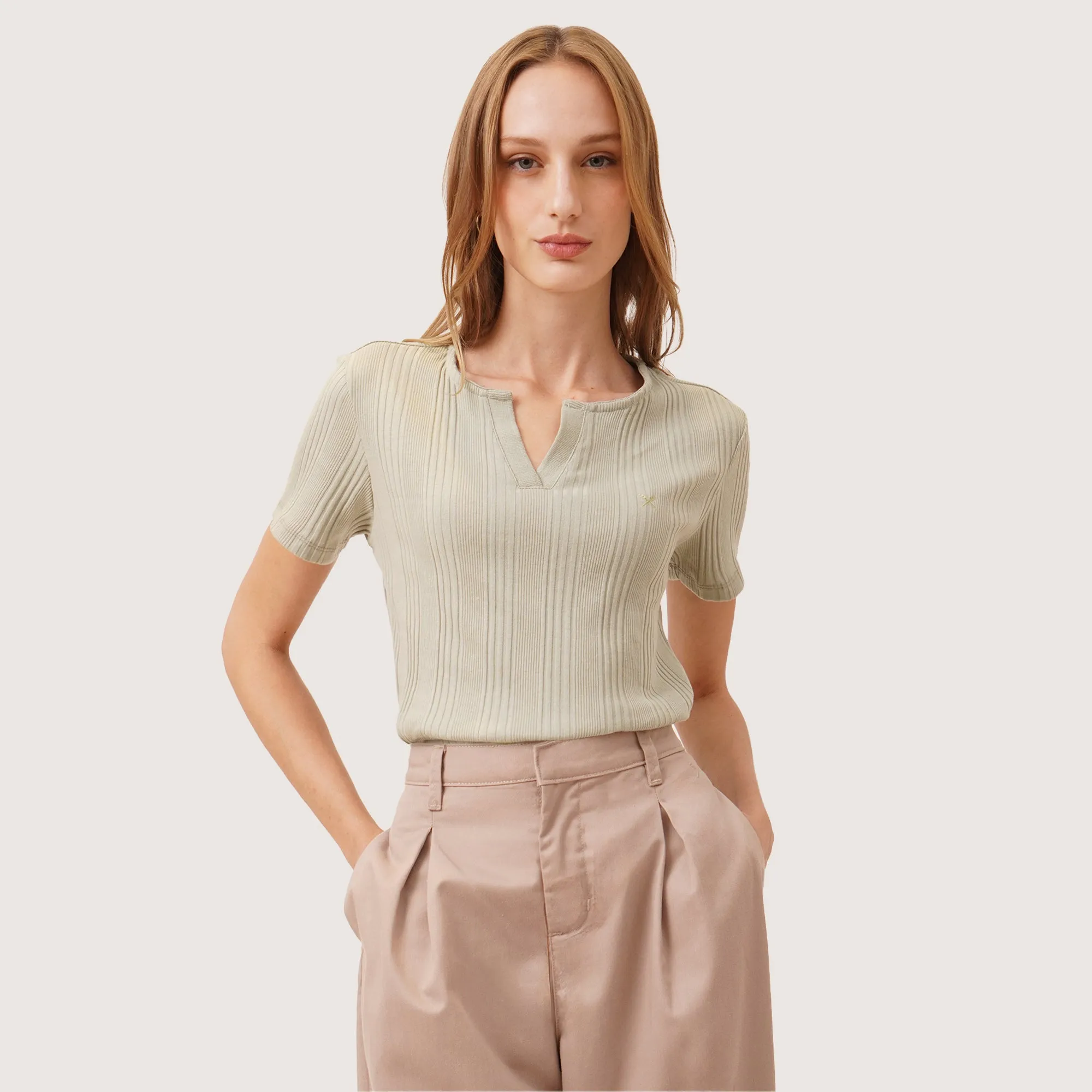 Split Neck Ribbed T-Shirt