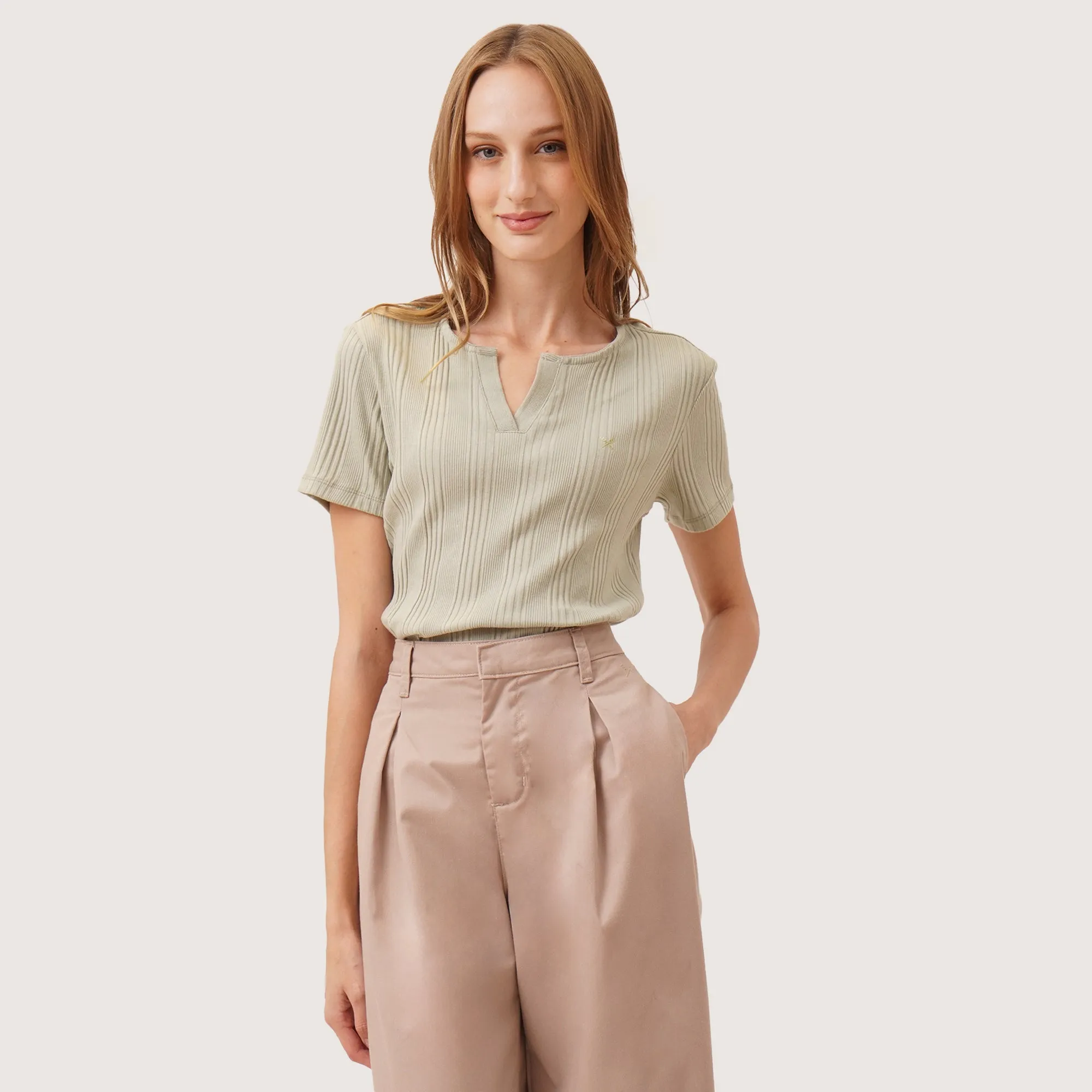 Split Neck Ribbed T-Shirt