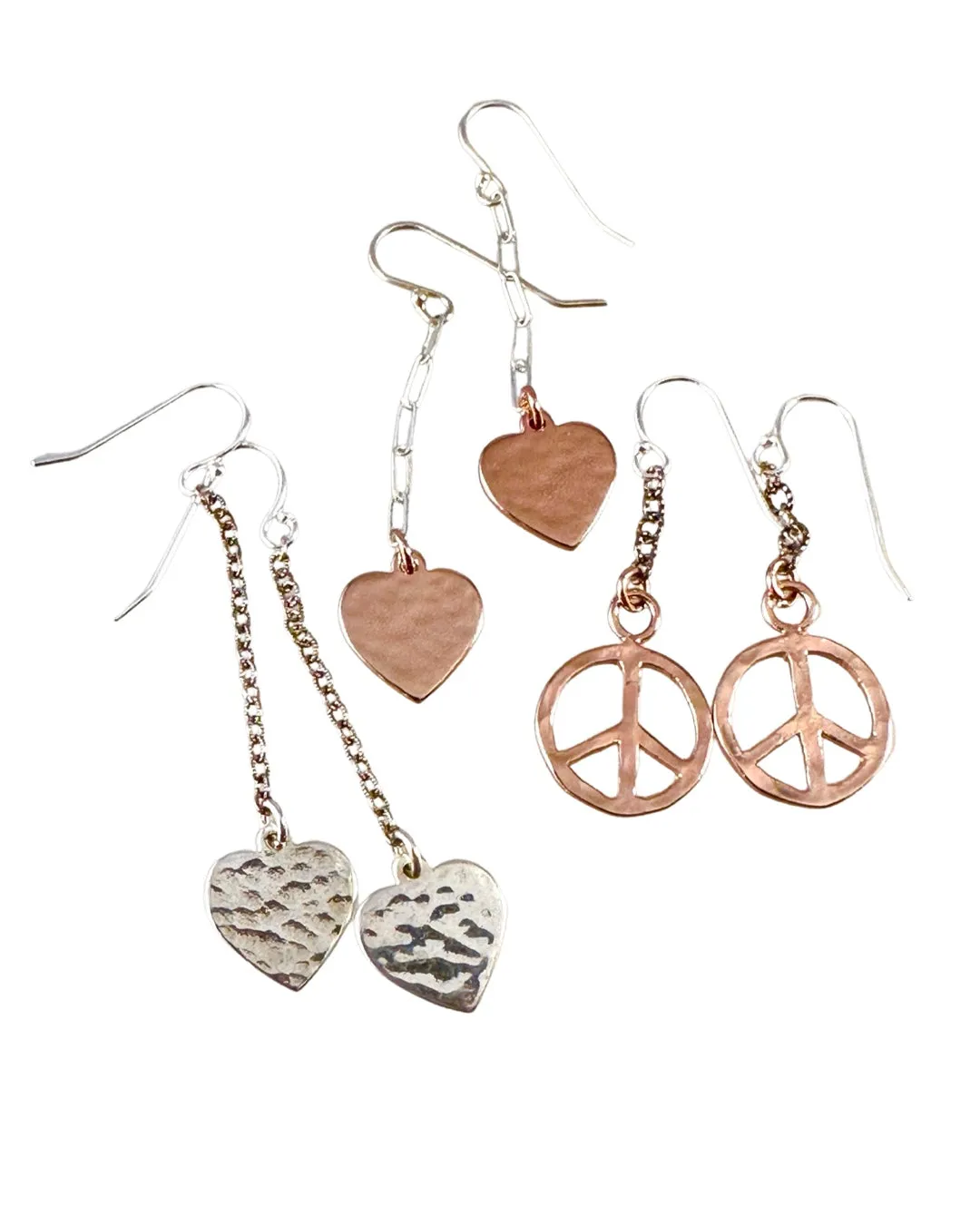 Sterling Hammered Peace and Heart Chain Earrings