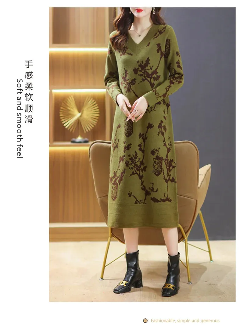Temperament Knitted V-neck Sweater Dress For Women's Autumn Winter New Large Size Thicken Woolen Sweater Dress Female Vestidos