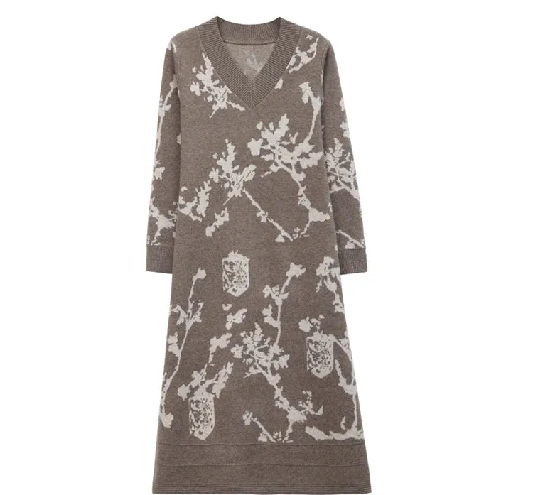 Temperament Knitted V-neck Sweater Dress For Women's Autumn Winter New Large Size Thicken Woolen Sweater Dress Female Vestidos